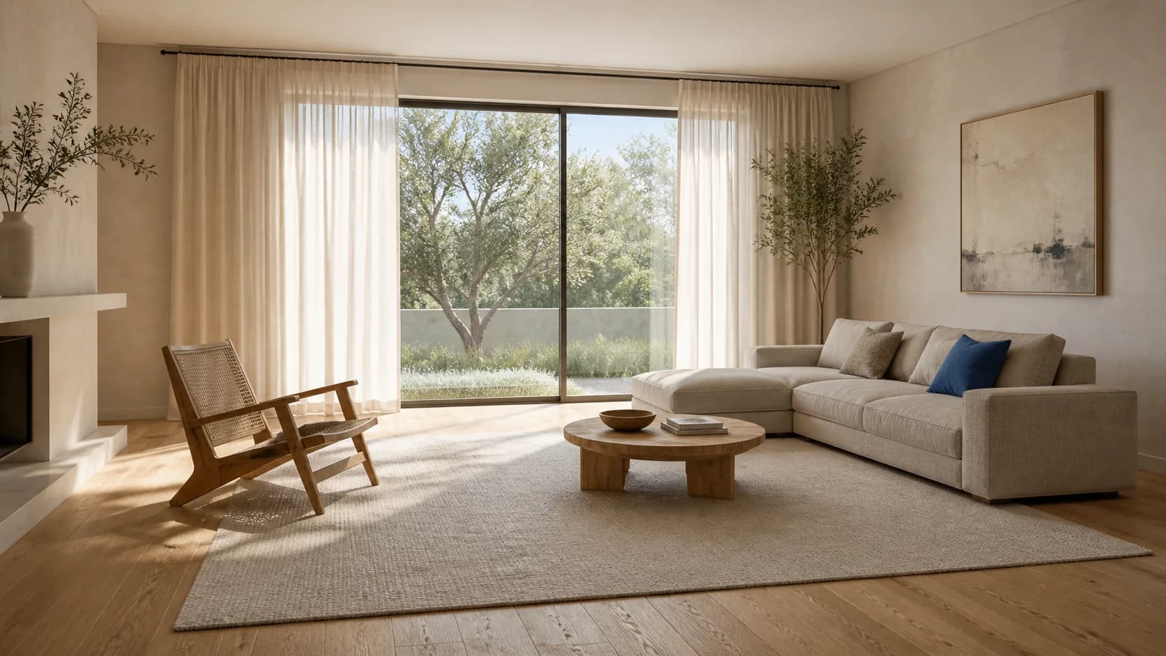 Illustrative living-room showroom with ivory curtains and natural oak flooring
